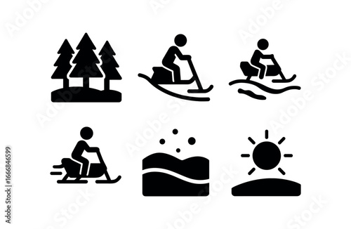 vector solid black filled icons snow scooter riding (forest): tall pines snowy ground narrow path fresh powder muffled sound low sun.