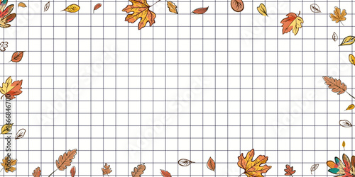 Autumn Leaves Border on Grid Paper Background