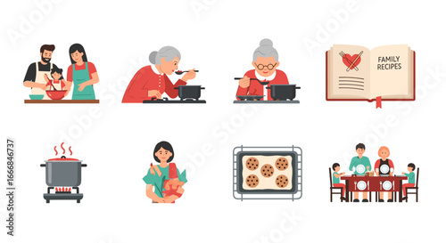 Illustrations depicting family members cooking and eating together with family recipe book images