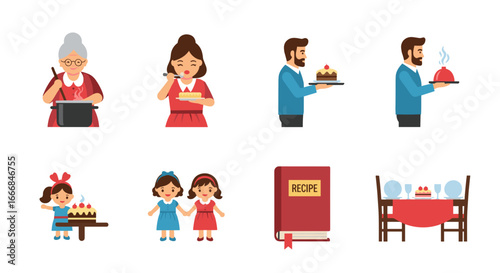 Cartoon family cooking and preparing food with birthday cake and recipe book illustrations set up nicely
