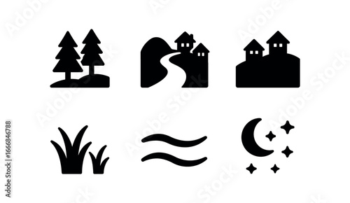 vector solid black filled icons village lights walk (nature border): edge of forest path to village distant lights soft grass still air night sky.