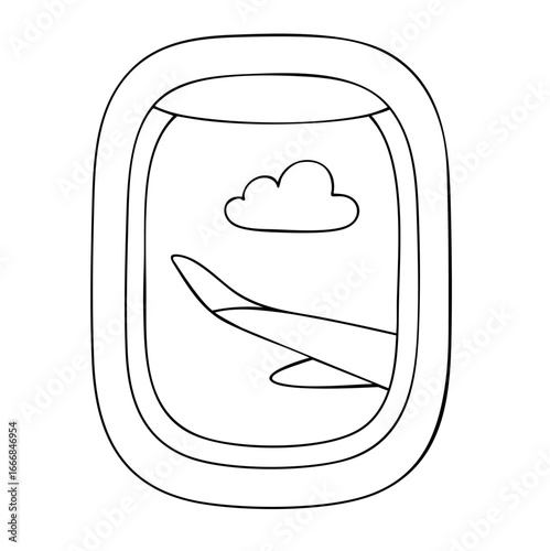 Airplane window view with aircraft wing and cloud outside, travel, flight journey, tourism, vacation, passenger experience, adventure abroad, aviation and global mobility