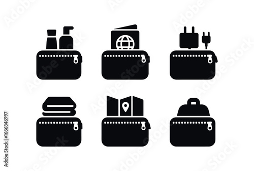 vector solid black filled icons zipper case (travel): toiletries passport charger folded clothes map small bag.