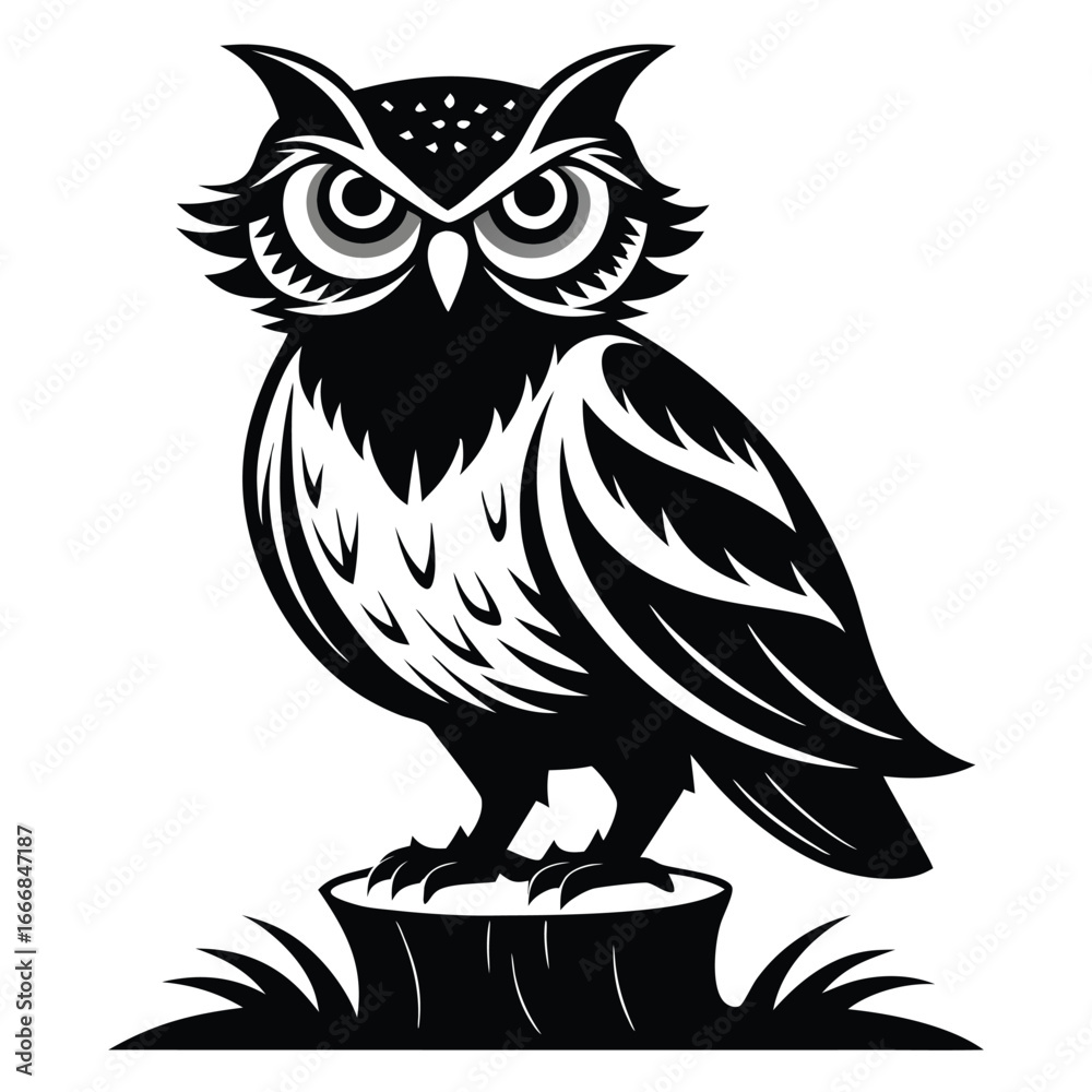 Obraz premium Stylized Black and White Owl Perched on Tree Stump with Grass Illustration