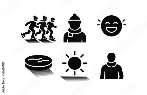 vector solid black filled icons glacier skating (wide view): skater on expanse mountain backdrop icy blue surface clear sky vast space cold air.