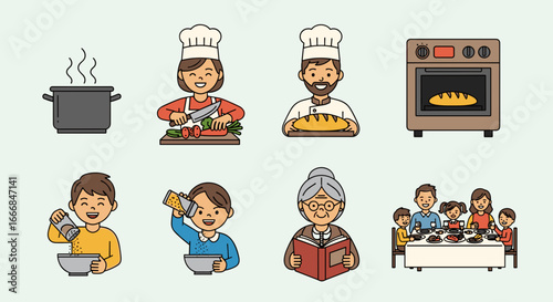 Illustration showing cooking and family dinner preparation with various cooking activities shown here