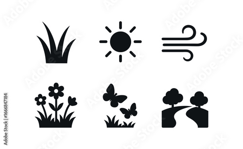 vector solid black filled icons grassy verge (summer): tall grass golden light warm breeze wildflowers butterflies shaded path.