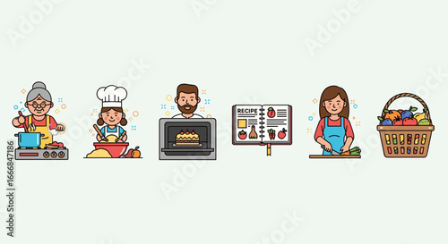 Illustration of family members cooking and preparing food with a recipe book and fruit basket