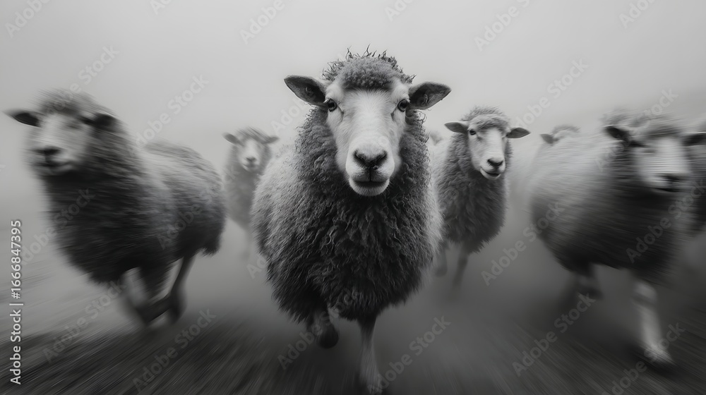 Fototapeta premium Flock of Sheep Running in Misty Landscape during Early Morning Hours