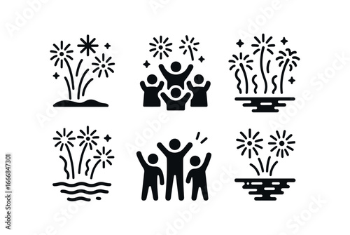 vector solid black filled icons night festival (fireworks): night sky bursts crowd silhouettes glowing colors smoke trails water reflections excitement.