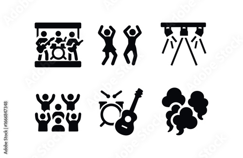 vector solid black filled icons night festival (stage): live dancers bright spotlights cheering audience instruments smoke effects.