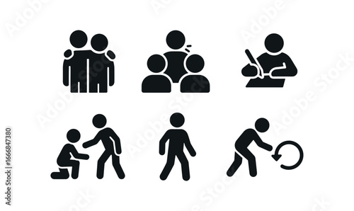 vector solid black filled icons gentle bravery (daily life): comforting friend speaking in group writing letter offering help standing up trying again.