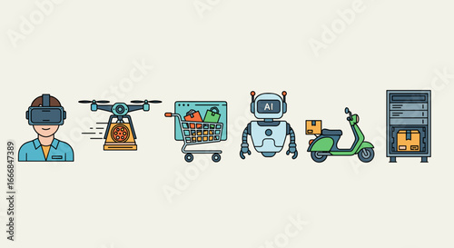 Illustration of a man with vr headset drone delivery shopping cart robot scooter and server rack with box