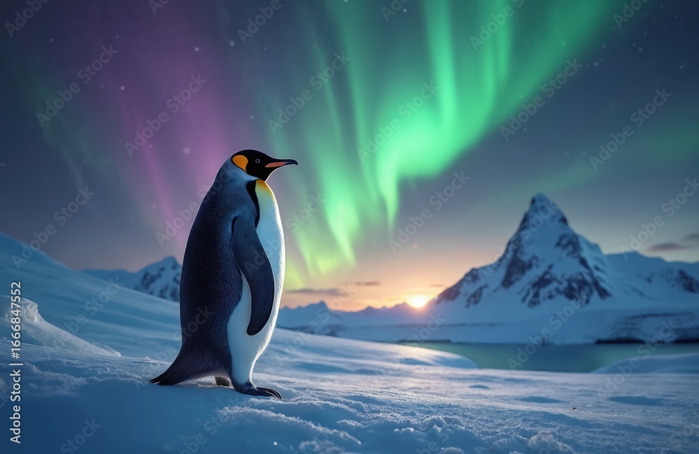 Fototapeta premium Majestic penguin stands on snow-covered ground beneath vibrant aurora borealis in Antarctic landscape. Winter scene features icy mountains, calm water, and twilight sky with soft sunlight.