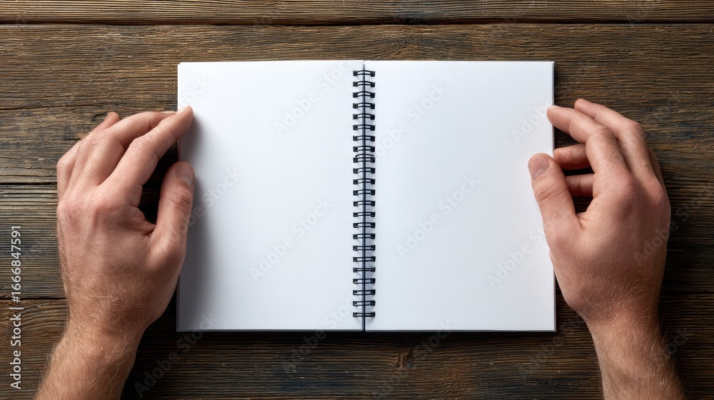 Obraz premium Open Blank Notebook on a Wooden Table With Hands Ready to Write, Inviting Creativity and Inspiration in a Calm Workspace