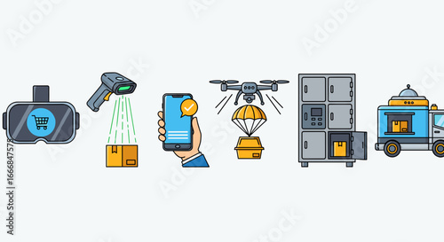 Illustration representing modern delivery methods including vr scanner phone drone and truck lockers