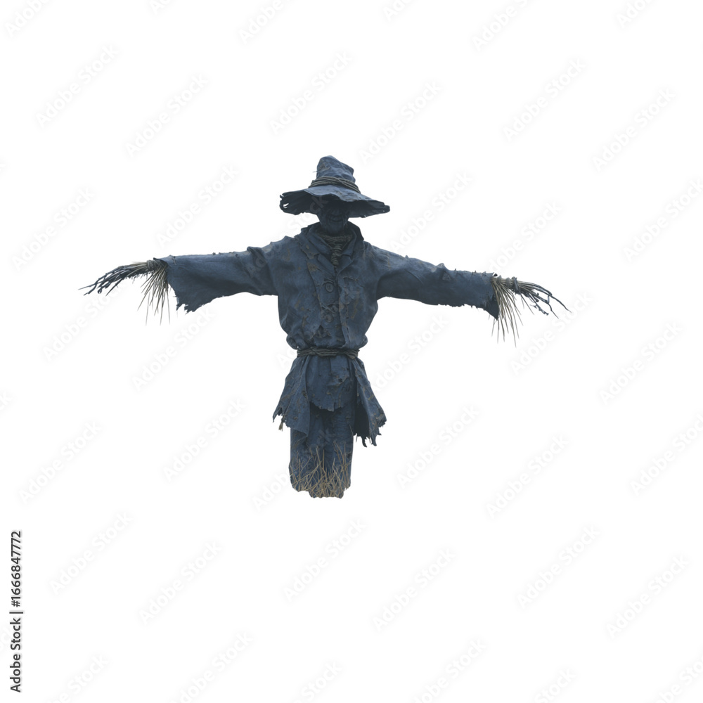 Fototapeta premium Creepy scarecrow stands with arms open, evoking spooky Halloween vibes and eerie atmosphere