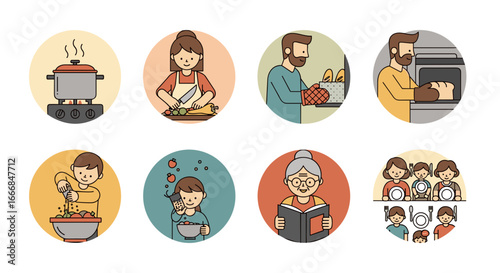 Illustrations showing various family activities including cooking reading and eating together