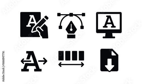 vector solid black filled icons type designer (process): drawing letters adjusting curves testing font kerning spacing exporting file.