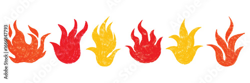 Set of abstract Fire flame silhouette vector icons collection. Crayon drawn red and orange bonfire, hand drawn doodle fiery flames stickers illustration. Square and fireball hot hell element clipart.