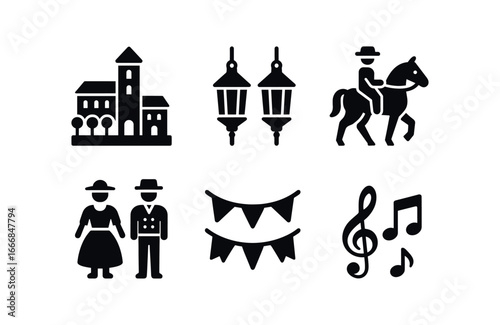 vector solid black filled icons civic celebration (historic): old square lanterns horse parade traditional costumes bunting music.