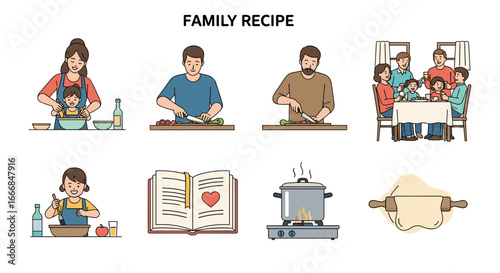 Illustration of a family preparing a meal together following a recipe from a cookbook and eating together