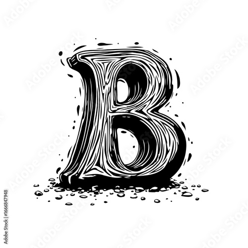 Detailed engraved capital letter artwork shows the stylized letter with organic lines showcasing
