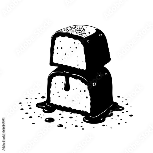 Detailed illustration of a decadent confection in monochrome with smooth dripping glaze design