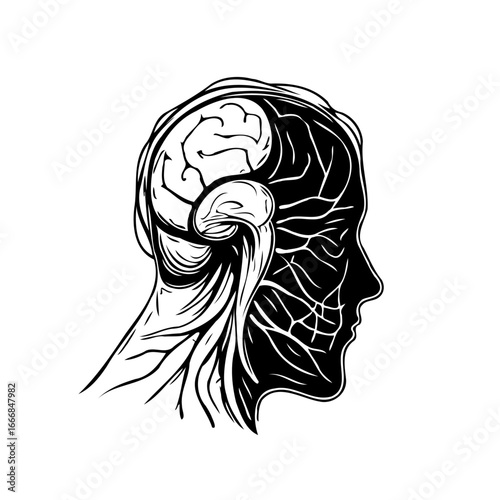 Detailed human head illustration showing internal anatomy depicting the complex neural networks