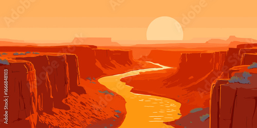 Vibrant pixel art illustration of a desert canyon with a winding river at sunset.