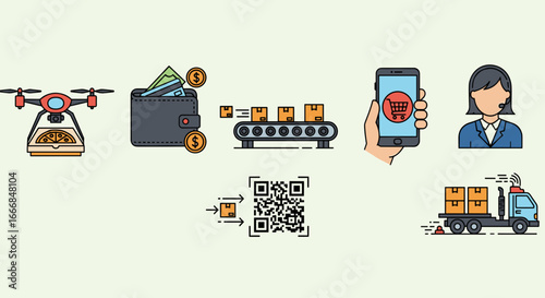 Illustration depicting online shopping process from order to delivery with various elements present