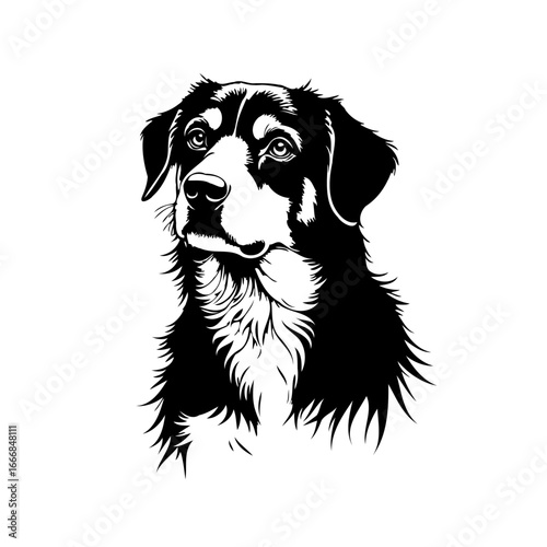 Detailed monochrome portrayal of a bernese mountain dog offering a captivating stare expressing