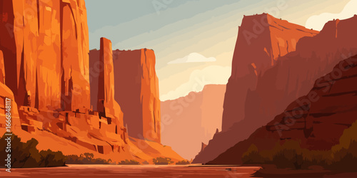 Stylized vector illustration of a vast red rock canyon with towering sandstone formations under a pale sky.