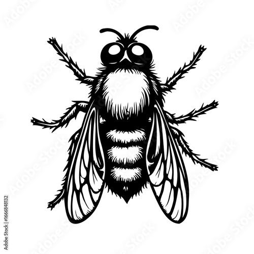 Detailed monochrome illustration of a fly showcasing its anatomy with intricate wing and body