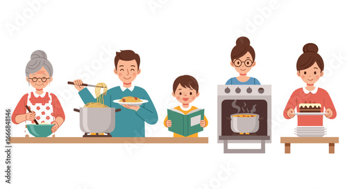 A family is preparing food together with grandma cooking and others helping in the kitchen scene vector