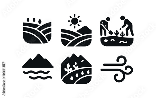 vector solid black filled icons terraced hillside (summer): lush crops sunny day farmers working clear water mountain backdrop warm breeze.