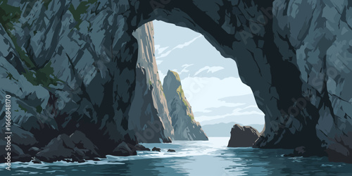 A majestic sea cave arch framing a view of rugged coastal cliffs and tranquil water.