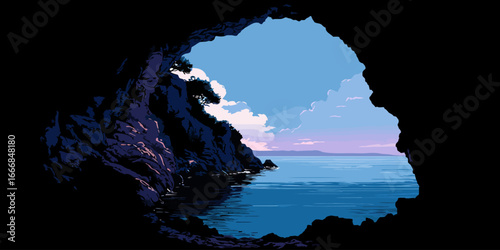 Pixel art illustration of a tranquil seascape viewed from a dark, rocky cave entrance.