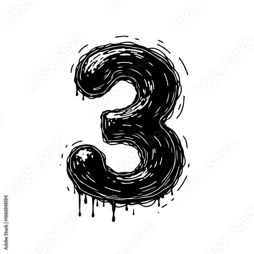 Distorted black number three with dripping paint effect showcases artistic creation and handmade