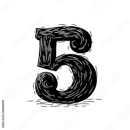 Digit five artistic woodcut drawing of number five with black ink and white lines vintage