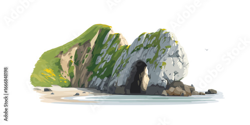 Stylized illustration of a majestic sea arch, a rocky cliff covered in green grass on a sandy beach.