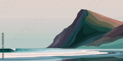Minimalist coastal landscape with a colorful layered mountain and a serene ocean wave.