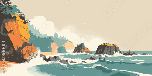 Rugged coastal landscape with orange cliffs and teal ocean waves in a minimalist, stylized illustration.