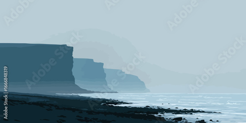 Misty coastal landscape with layered blue cliffs receding into the fog over a rocky shore.