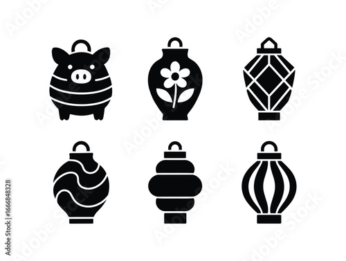 vector solid black filled icons lantern craft fair (creative): animal shaped lanterns floral designs geometric patterns abstract art layered shades sculptural frames.