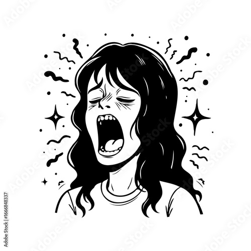 Distressed expression woman with open mouth shows stress illustration, depicting overwhelm,