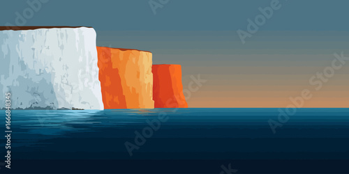 A minimalist illustration of majestic white and orange coastal cliffs rising from the deep blue sea.