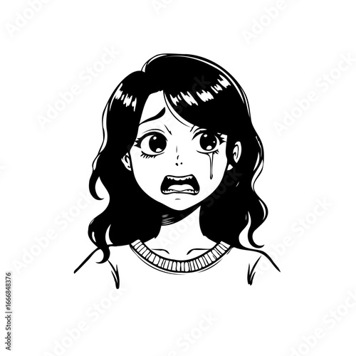 Distressed expressive manga style young woman with tears portraying profound sadness and emotional