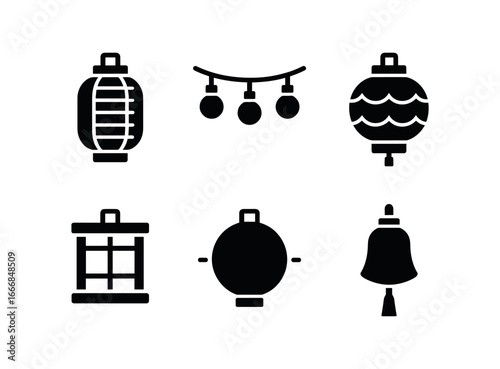 vector solid black filled icons lantern craft fair (stalls): paper lanterns string lights painted shades bamboo frames glowing globes decorative tassels.