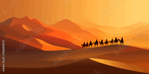A silhouetted camel caravan with riders trekking in a single file line across stylized, warm-toned desert dunes.